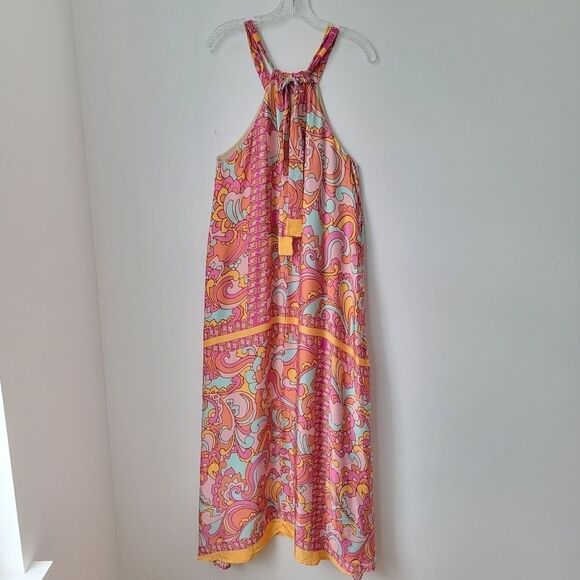 ITALIAN BRAND Colorful Pink Yellow Blue Halter Dress 100% Viscose Size 6 US - Picture 10 of 14